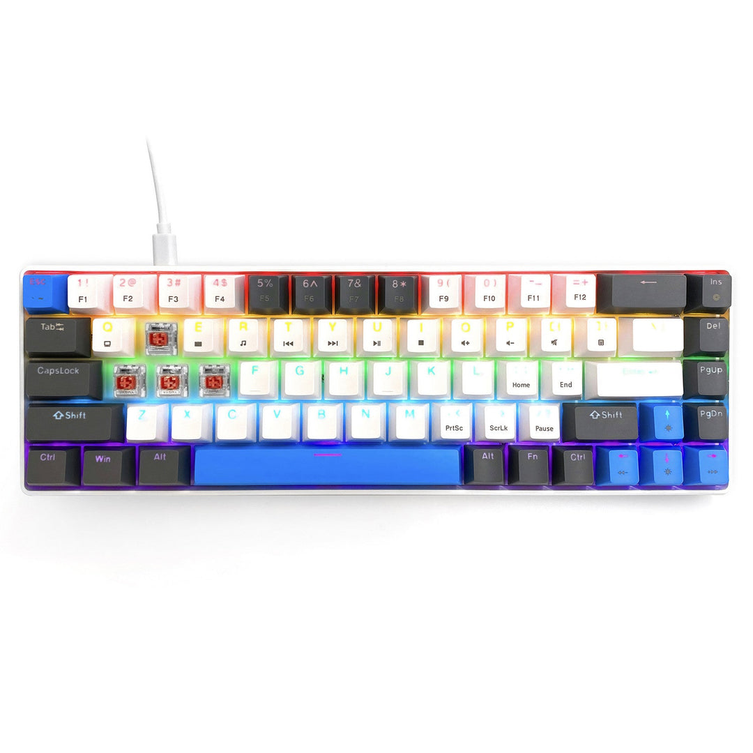 RED CORE MX60 - Kratka mehanička gaming tipkovnica od 60 %, tihi RED mehanički prekidači, boje pozadinsko osvjetljenje, 68 tipki, USB-C. Boja: bijela/plava. Mediatech