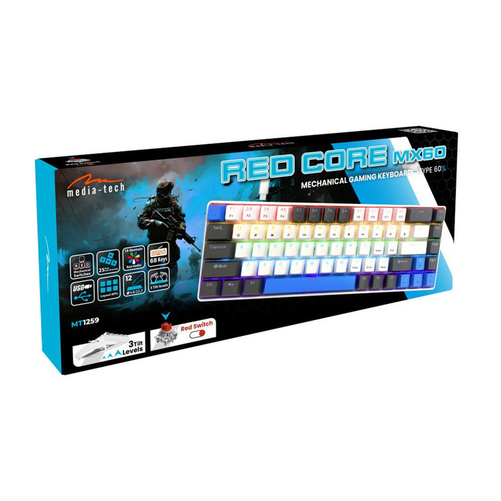 RED CORE MX60 - Kratka mehanička gaming tipkovnica od 60 %, tihi RED mehanički prekidači, boje pozadinsko osvjetljenje, 68 tipki, USB-C. Boja: bijela/plava. Mediatech