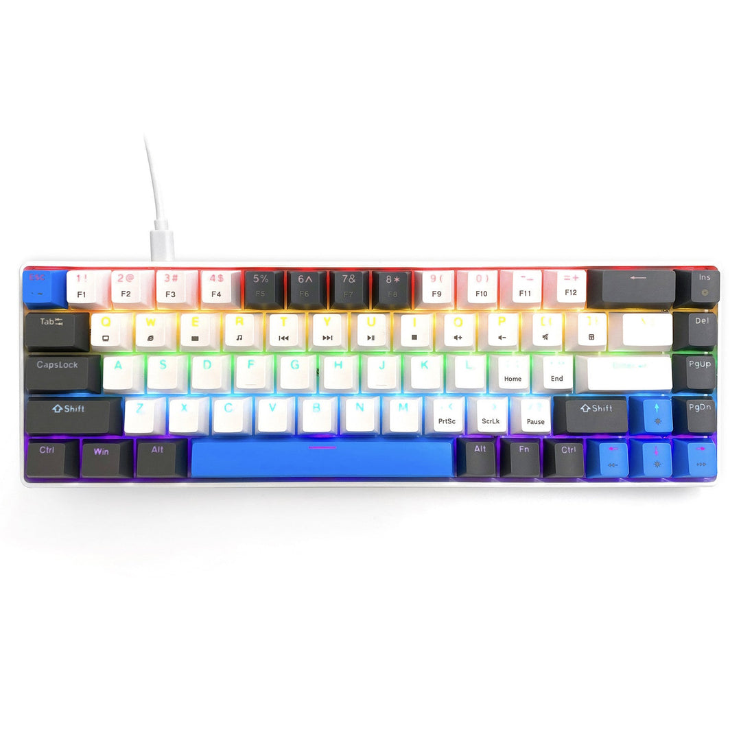 RED CORE MX60 - Kratka mehanička gaming tipkovnica od 60 %, tihi RED mehanički prekidači, boje pozadinsko osvjetljenje, 68 tipki, USB-C. Boja: bijela/plava. Mediatech