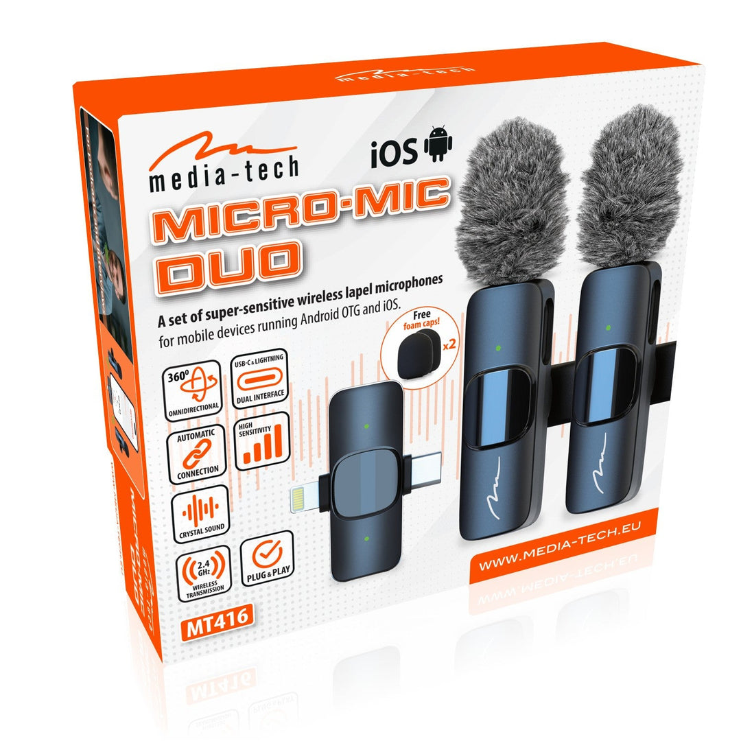 MICRO-MIC DUO – 2x bežični mikrofon za rever (set), na kopču, za iOS i Android (OTG), mini, superosjetljiv. USB-C i LIGHTNING, Mediatech