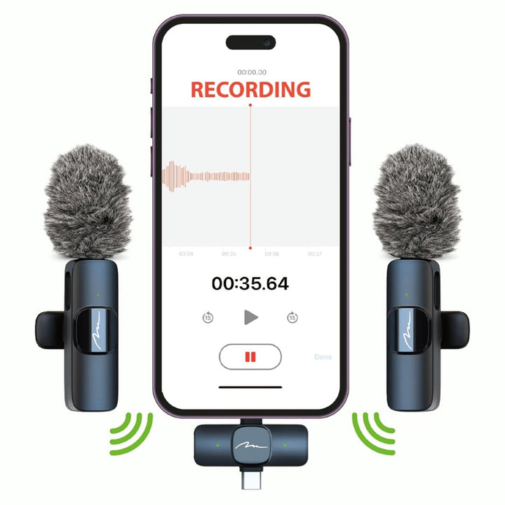 MICRO-MIC DUO – 2x bežični mikrofon za rever (set), na kopču, za iOS i Android (OTG), mini, superosjetljiv. USB-C i LIGHTNING, Mediatech