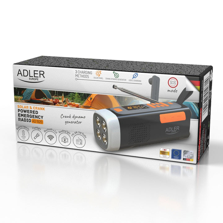 Adler radio za hitne slučajeve sa solarnim panelom, ručnom kurblom i power bankom, Bluetooth 5.0, 4W LED lampa, 4500 mAh, AD 1920