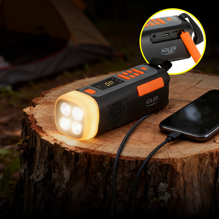 Adler radio za hitne slučajeve sa solarnim panelom, ručnom kurblom i power bankom, Bluetooth 5.0, 4W LED lampa, 4500 mAh, AD 1920
