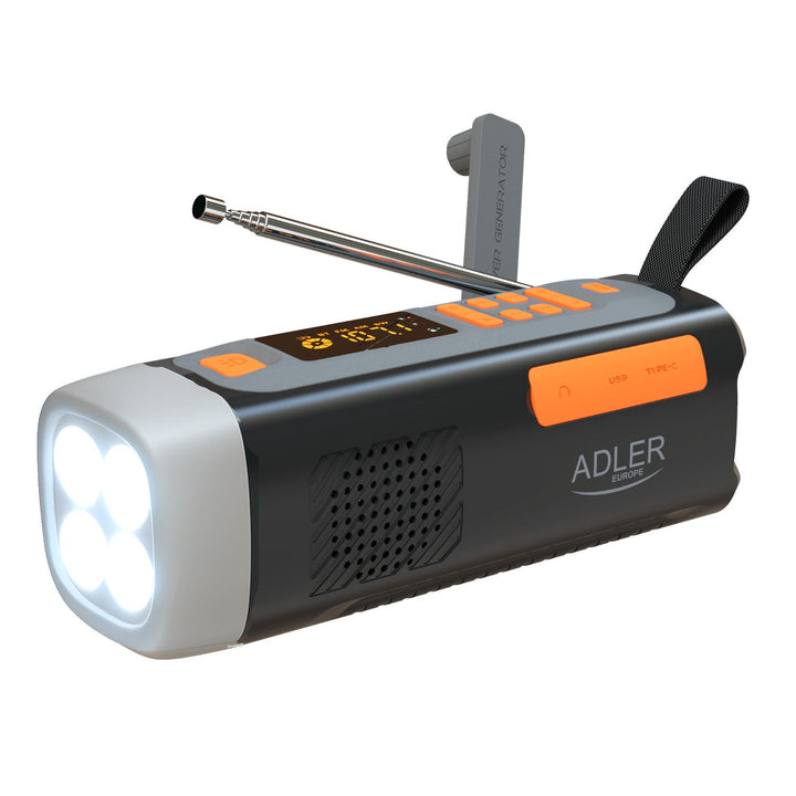 Adler radio za hitne slučajeve sa solarnim panelom, ručnom kurblom i power bankom, Bluetooth 5.0, 4W LED lampa, 4500 mAh, AD 1920