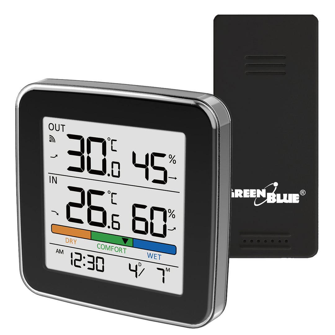 GreenBlue bežična vremenska stanica, unutarnja/vanjska temperatura i vlaga, sat, alarm i datum, °C / °F, domet do 60 m, crna, GB169 B