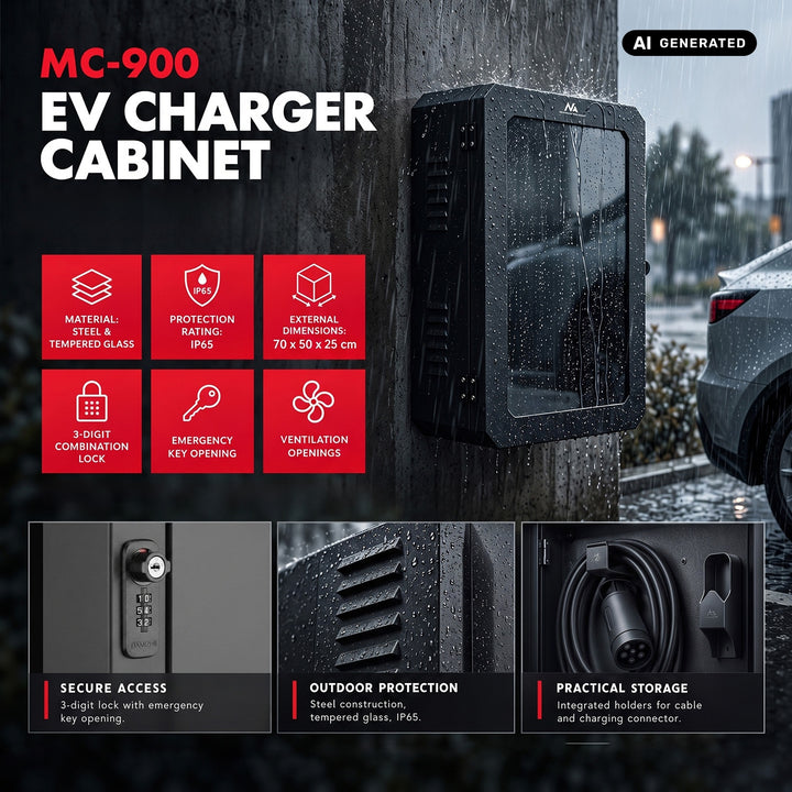 Ormar za EV punjač Maclean, vodootporan IP65, čelik i kaljeno staklo, dimenzije 70 x 50 x 25 cm, MC-900