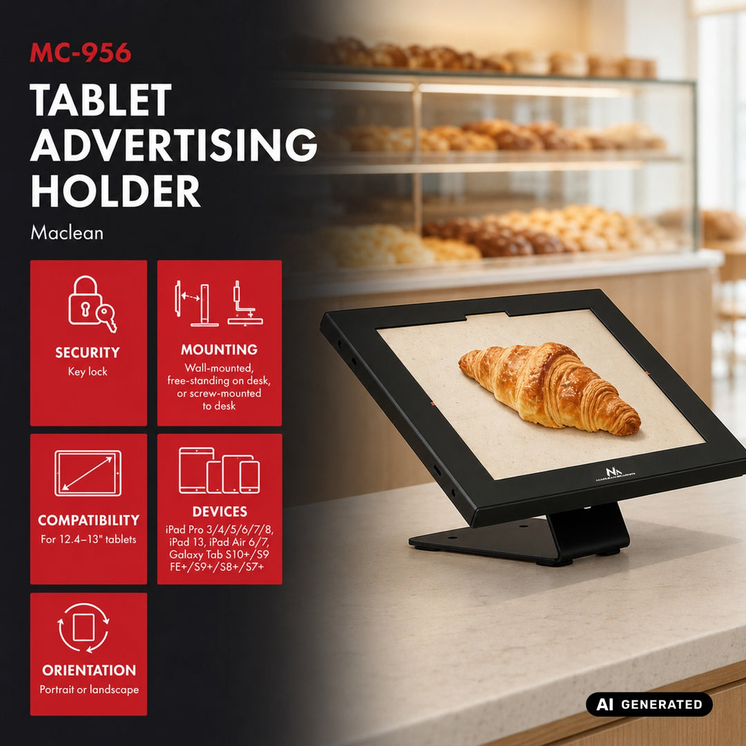 Držač za reklamne tablete Maclean, s mehanizmom zaključavanja, 12,4"-13", iPad Air/Pro, Samsung Tab S10+/S9+/S8+/S7+, 257x350x22 mm, MC-956 B