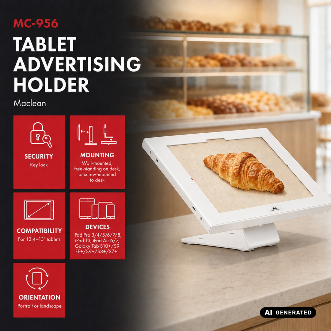 Držač za oglašavanje tableta Maclean, s mehanizmom zaključavanja, 12,4"–13", iPad Air/Pro, Samsung Tab S10+/S9+/S8+/S7+, 257x350x22 mm, MC-956 W