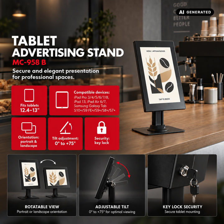 Držač za tablete Maclean, s mehanizmom zaključavanja. 12,4"–13", iPad Air/Pro, Samsung Tab S10+/S9+/S8+/S7+, 257x350x22 mm, MC-958 B