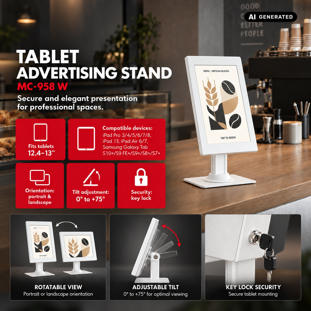 Držač za reklamu za MacLean tablete, s mehanizmom zaključavanja, 12,4"–13", iPad Air/Pro, Samsung Tab S10+/S9+/S8+/S7+, 257x350x22 mm, MC-958 W