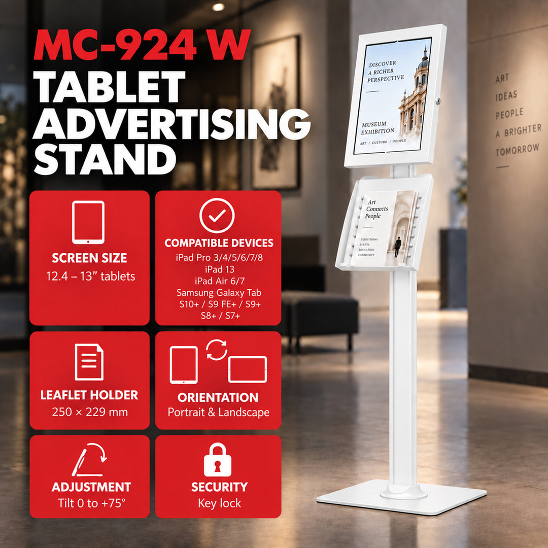 Držač za reklamu za Maclean tablete, s mehanizmom zaključavanja, 12,4"–13", iPad Air/Pro, Samsung Tab S10+/S9+/S8+/S7+, 257x350x22 mm, MC-924 W