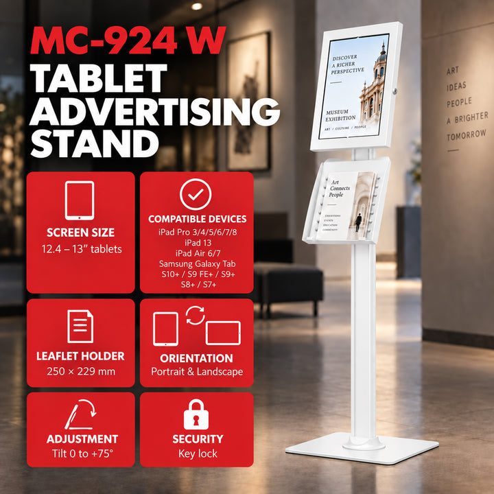 Držač za reklamu za Maclean tablete, s mehanizmom zaključavanja, 12,4"–13", iPad Air/Pro, Samsung Tab S10+/S9+/S8+/S7+, 257x350x22 mm, MC-924 W