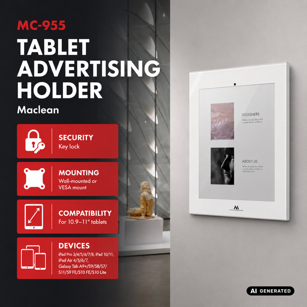 Držač za tablete Maclean, s mehanizmom zaključavanja, za dijagonalu 10,9"–11", za iPad Air/Pro, Samsung Tab A i S seriju, 220 x 323 x 22 mm, MC-955 W