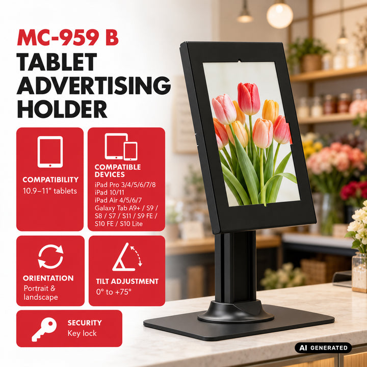 Držač za tablete Maclean, s bravicom, 10,9"–11", iPad Air/Pro, Samsung Tab A i S serija, 220x323x22 mm, MC-959 B