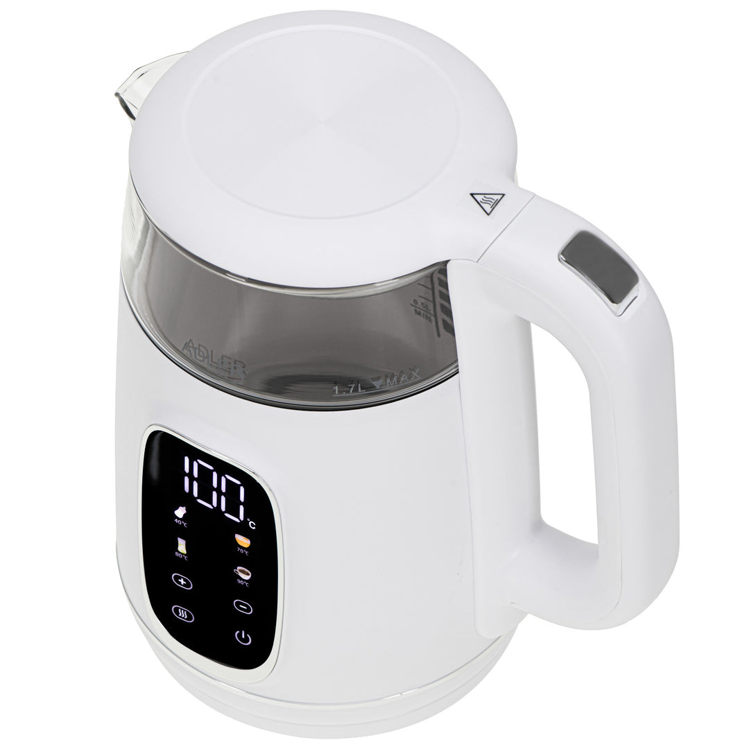 1,7 l staklena električna kuhalo za vodu s kontrolom temperature, LED, 40–100 °C, Adler AD 1305 WS bijelo