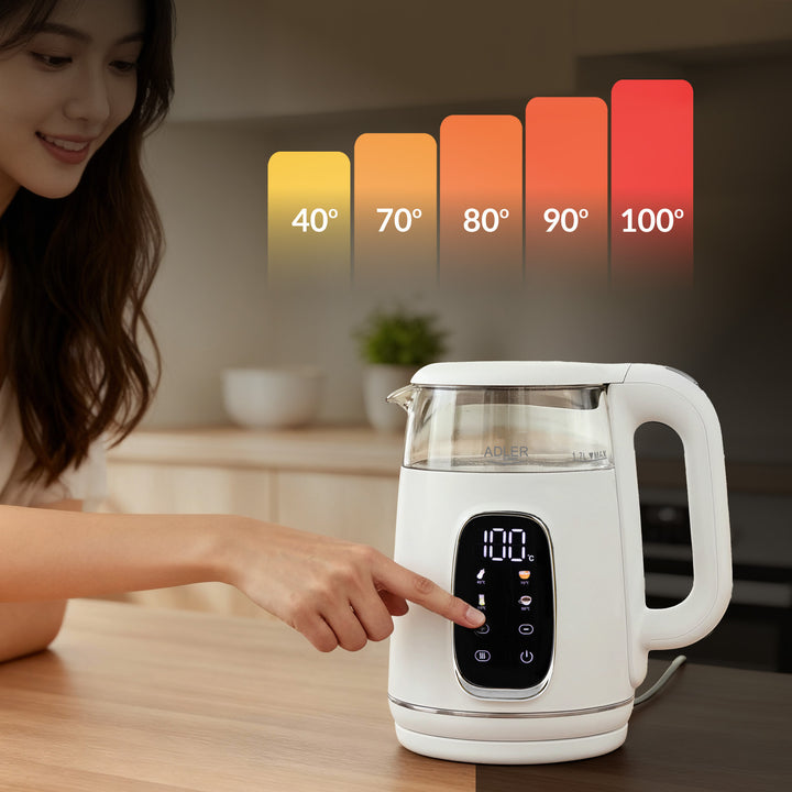 1,7 l staklena električna kuhalo za vodu s kontrolom temperature, LED, 40–100 °C, Adler AD 1305 WS bijelo
