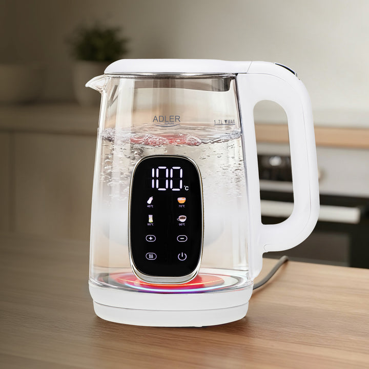 1,7 l staklena električna kuhalo za vodu s kontrolom temperature, LED, 40–100 °C, Adler AD 1305 WS bijelo
