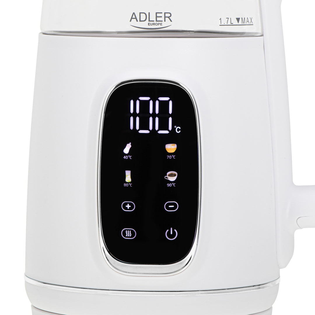 1,7 l staklena električna kuhalo za vodu s kontrolom temperature, LED, 40–100 °C, Adler AD 1305 WS bijelo
