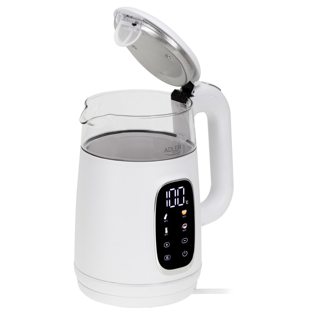 1,7 l staklena električna kuhalo za vodu s kontrolom temperature, LED, 40–100 °C, Adler AD 1305 WS bijelo