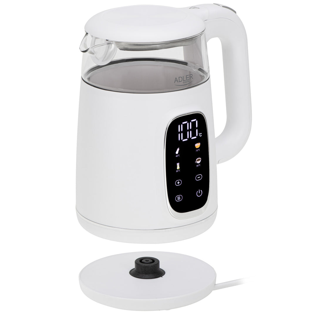 1,7 l staklena električna kuhalo za vodu s kontrolom temperature, LED, 40–100 °C, Adler AD 1305 WS bijelo