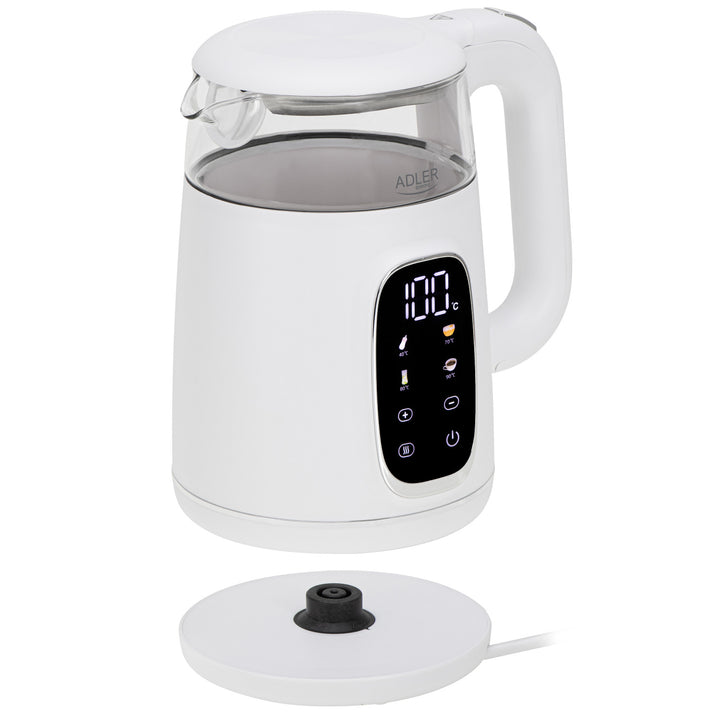 1,7 l staklena električna kuhalo za vodu s kontrolom temperature, LED, 40–100 °C, Adler AD 1305 WS bijelo