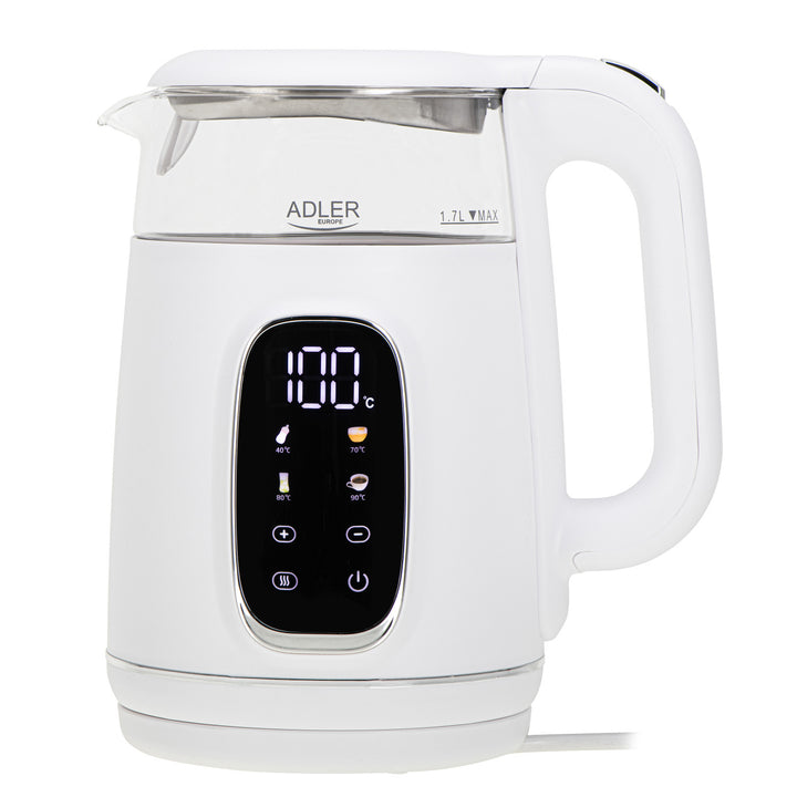 1,7 l staklena električna kuhalo za vodu s kontrolom temperature, LED, 40–100 °C, Adler AD 1305 WS bijelo