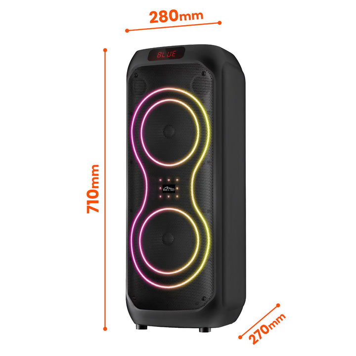 Veliki Bluetooth zvučnik, 120 W RMS/1400 W PMPO, dva 8-inčna zvučnika, ekvalizator, karaoke funkcija, MP3/microSD kartice, USB, AUX, BT 5.3+EDR, zaslon, LED, ugrađena baterija, daljinski upravljač, MT3185
