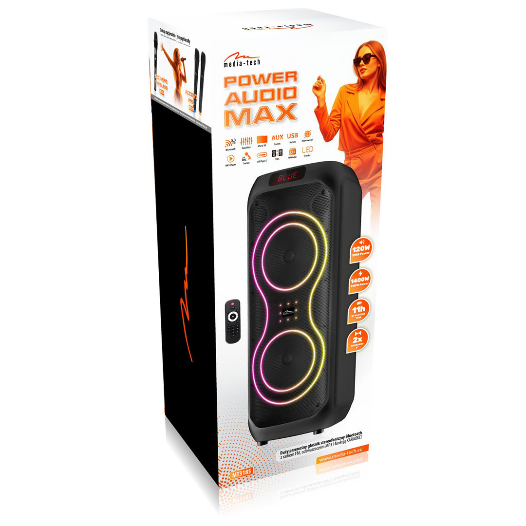 Veliki Bluetooth zvučnik, 120 W RMS/1400 W PMPO, dva 8-inčna zvučnika, ekvalizator, karaoke funkcija, MP3/microSD kartice, USB, AUX, BT 5.3+EDR, zaslon, LED, ugrađena baterija, daljinski upravljač, MT3185