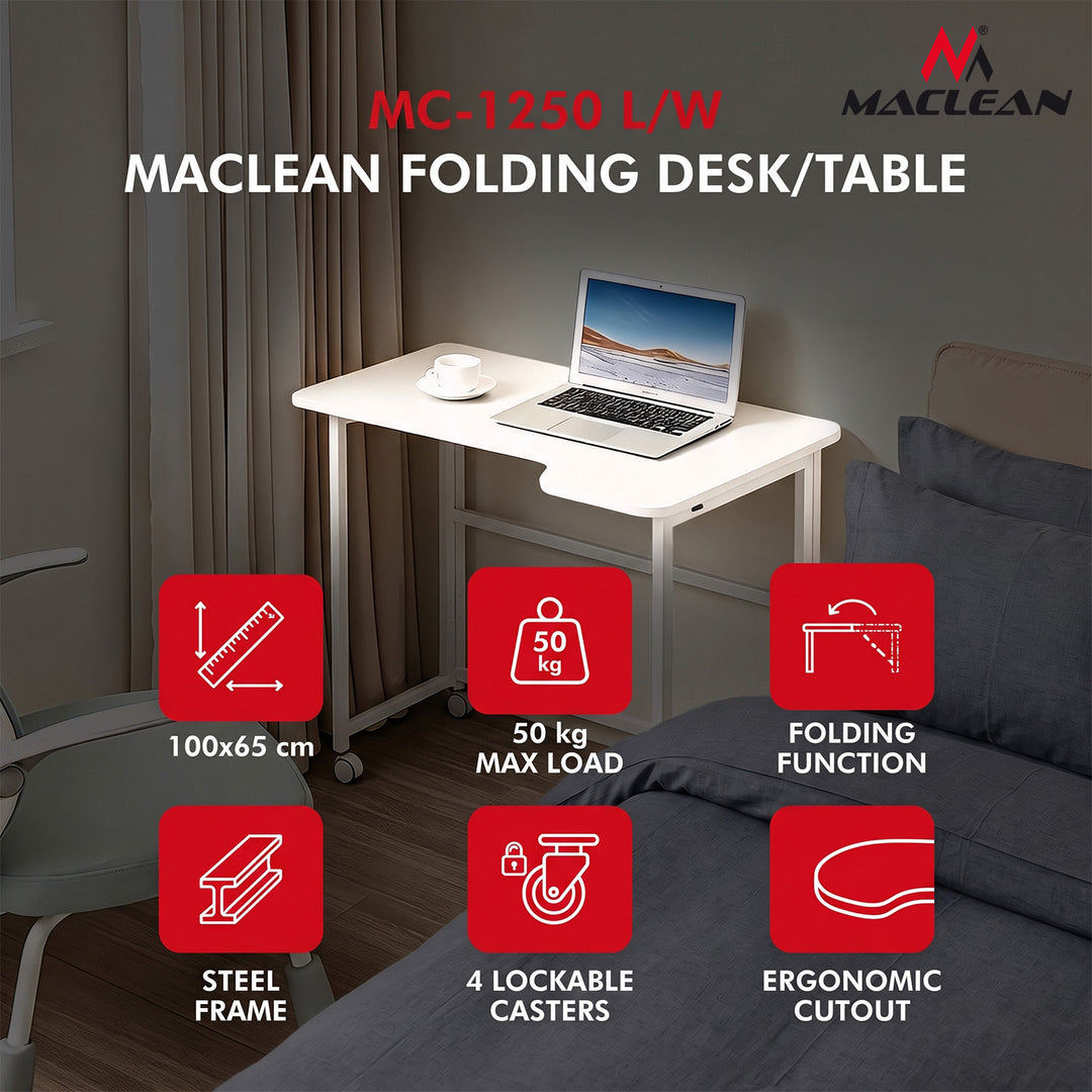 Sklopivi stol Maclean, bijeli, mobilni, 100x65 cm, max. 50 kg, L-oblik, MC-1250 L/W