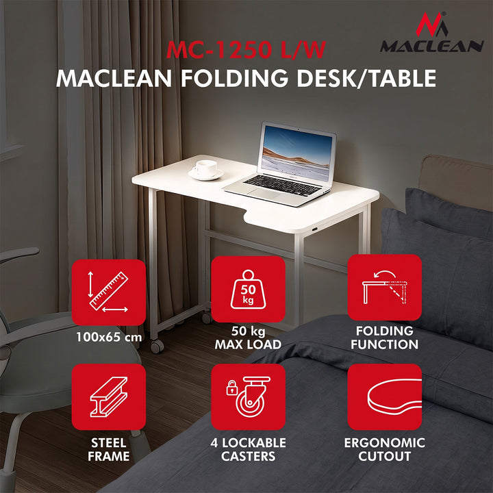 Sklopivi stol Maclean, bijeli, mobilni, 100x65 cm, max. 50 kg, L-oblik, MC-1250 L/W