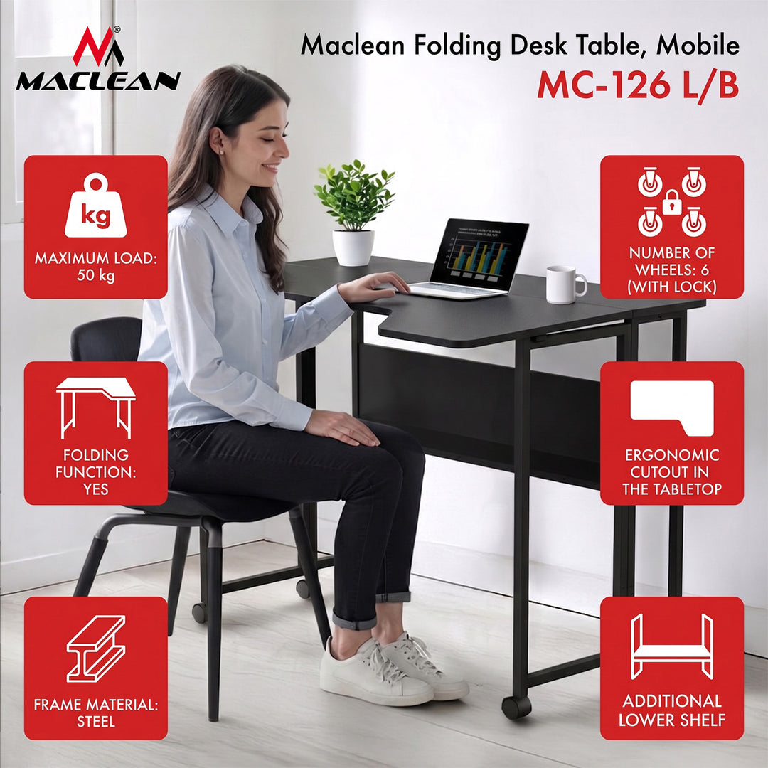 Sklopivi stol Maclean, crni, mobilni, 100x73 cm, max. 50 kg, L-oblik, MC-126 L/B