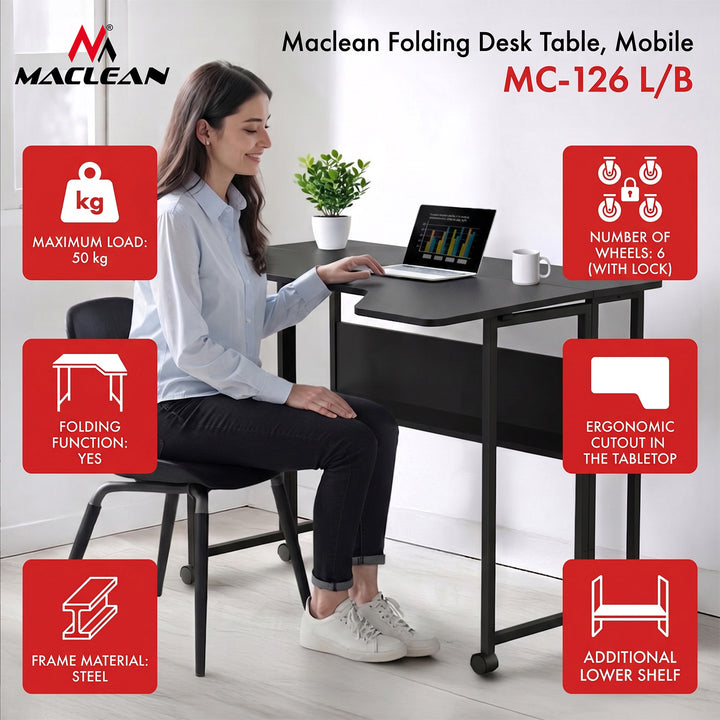 Sklopivi stol Maclean, crni, mobilni, 100x73 cm, max. 50 kg, L-oblik, MC-126 L/B