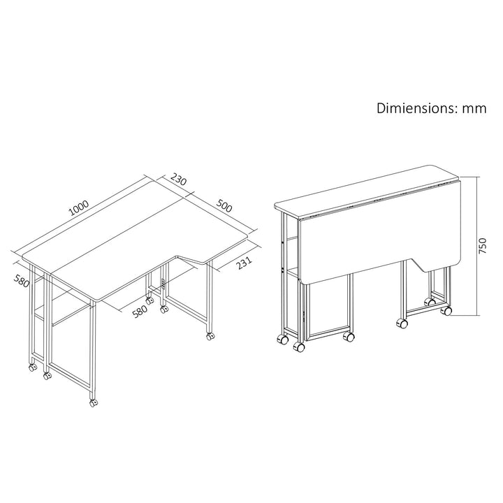 Sklopivi stol MacLean, bijeli, mobilni, 100x73 cm, max. 50 kg, L-oblik, MC-126 L/W