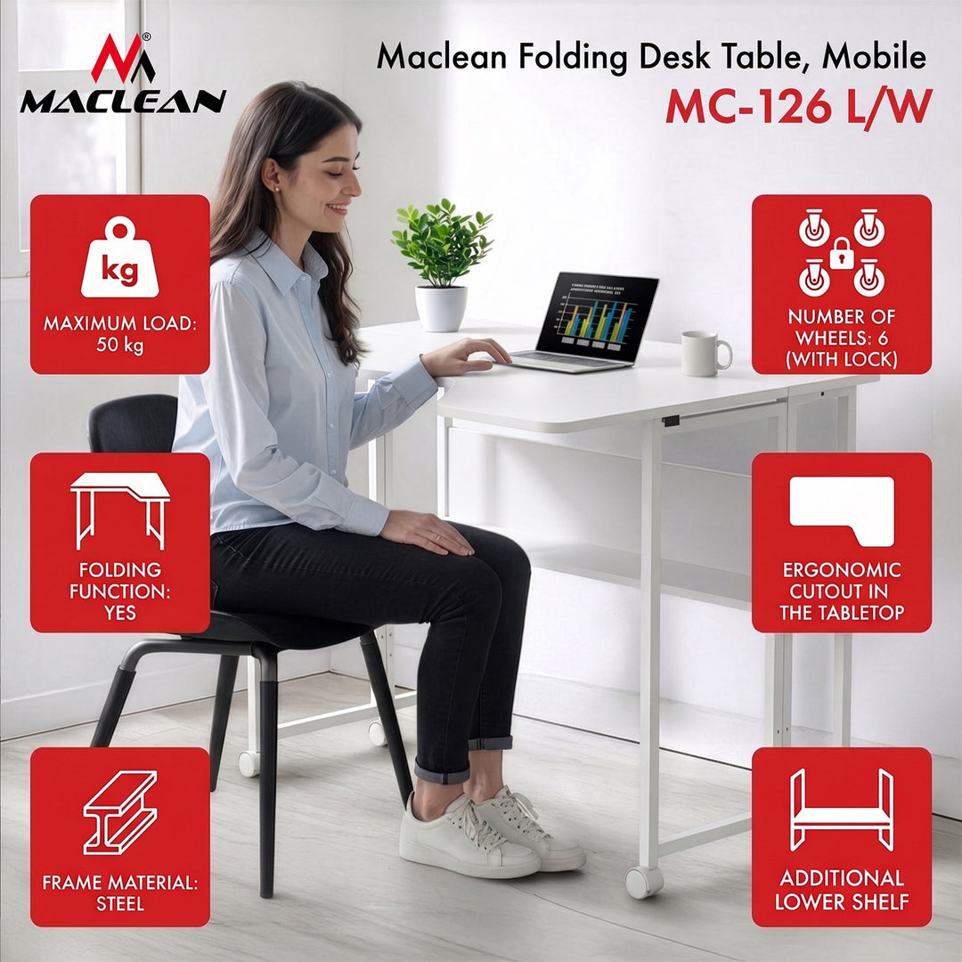 Sklopivi stol MacLean, bijeli, mobilni, 100x73 cm, max. 50 kg, L-oblik, MC-126 L/W