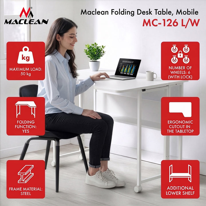 Sklopivi stol MacLean, bijeli, mobilni, 100x73 cm, max. 50 kg, L-oblik, MC-126 L/W
