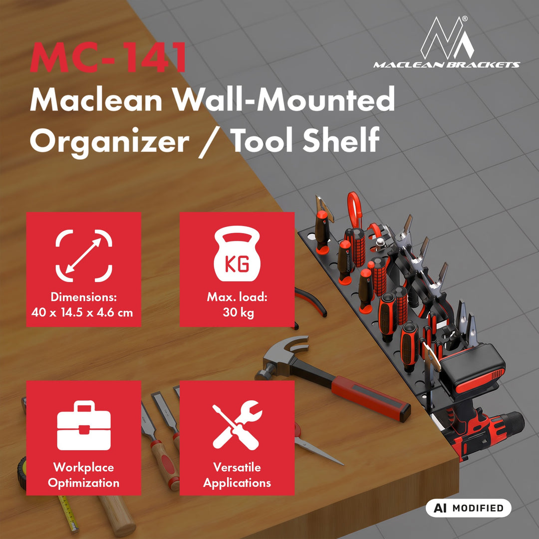 Maclean zidni organizator / polica za alate, crna, dimenzije 40 x 14,5 x 4,6 cm, max. 30 kg, MC-141