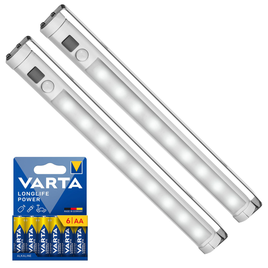2x Maclean LED kuhinjska svjetiljka, ispod ormarića, 9 SMD dioda, na baterije, PIR senzor za uključivanje/isključivanje, MCE166 + 6x R-06/AA/LR06 1,5 V VARTA Longlife Power baterija