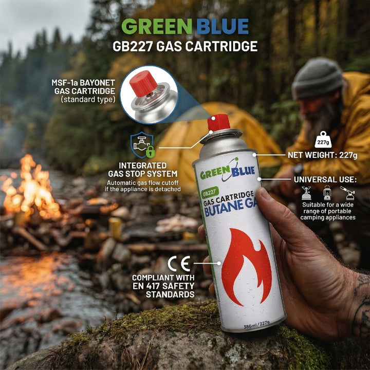 6 x 227 g GreenBlue plinskih patrona. Certifikat: Pi 0875, u skladu s EN 417, butan, radni raspon -10 °C do +40 °C, GB227