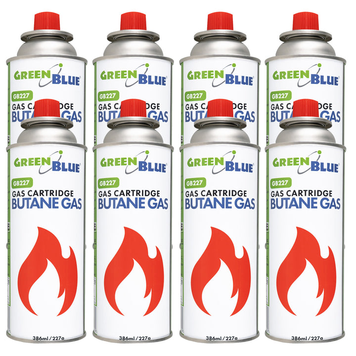 8 x 227 g GreenBlue plinskih patrona. Certifikat: Pi 0875, u skladu s EN 417, butan, radni raspon -10 °C do +40 °C, GB227