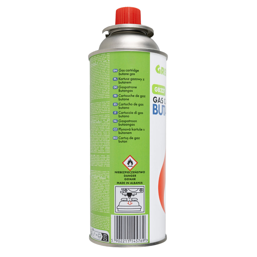 18 plinskih patrona GreenBlue od 227 g. Certifikat: Pi 0875, u skladu s EN 417, butan, radni raspon -10 °C do +40 °C, GB227