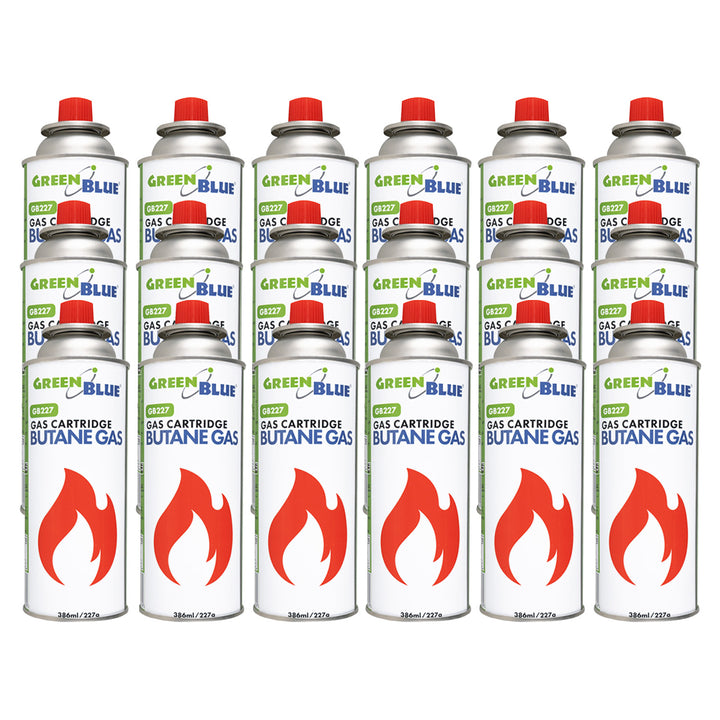 18 plinskih patrona GreenBlue od 227 g. Certifikat: Pi 0875, u skladu s EN 417, butan, radni raspon -10 °C do +40 °C, GB227