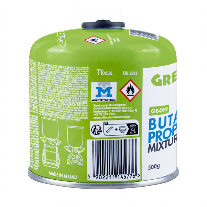 2 x 500 g GreenBlue plinske patrone. Certifikat: Pi 0437, u skladu s EN 417, butan-propane, radni temperaturni raspon –10 °C do +40 °C, navojni ventil 7/16&