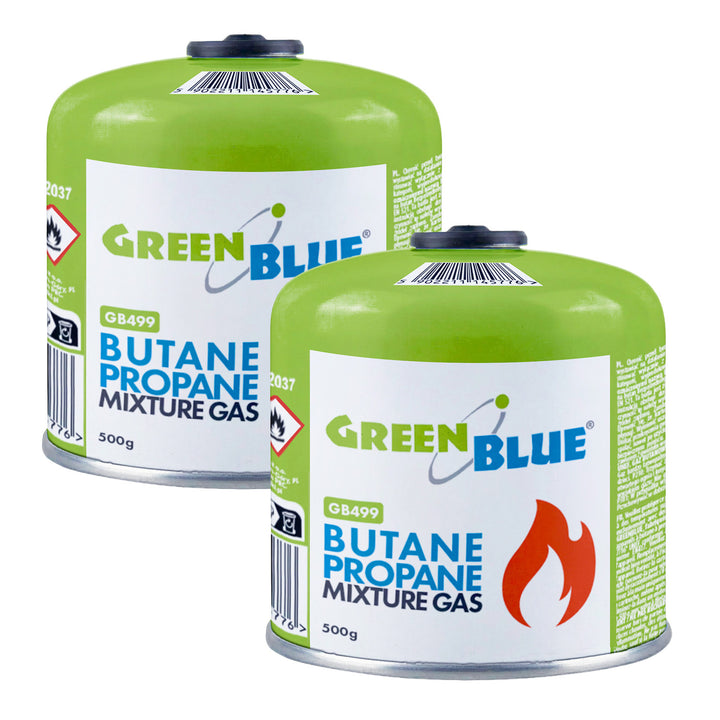 2 x 500 g GreenBlue plinske patrone. Certifikat: Pi 0437, u skladu s EN 417, butan-propane, radni temperaturni raspon –10 °C do +40 °C, navojni ventil 7/16&