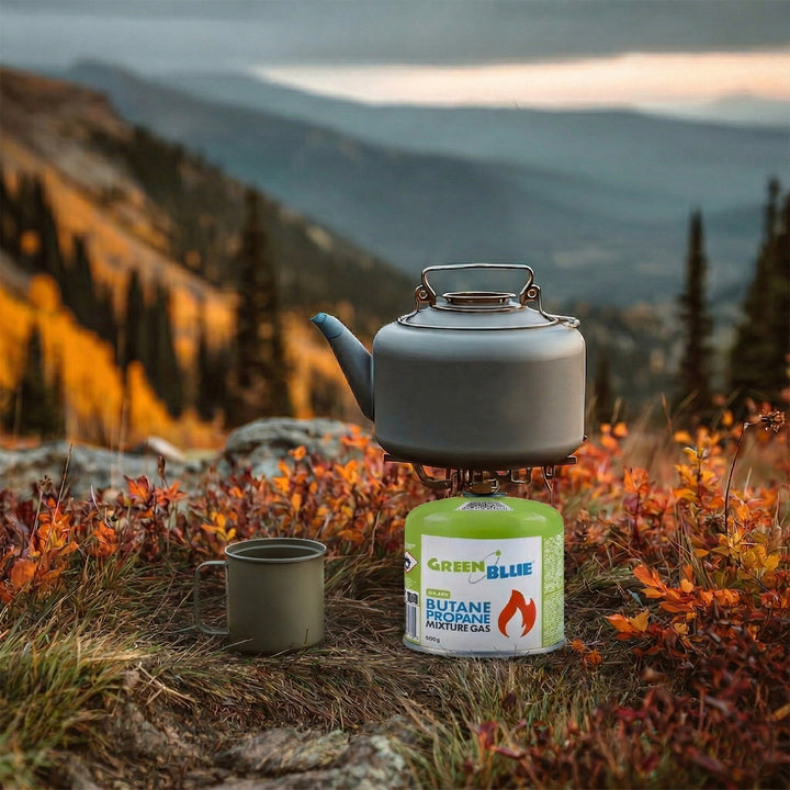 4 x 500 g GreenBlue plinske patrone. Certifikat: Pi 0437, u skladu s EN 417, butan-propane, radni temperaturni raspon –10 °C do +40 °C, navojni ventil 7/16&