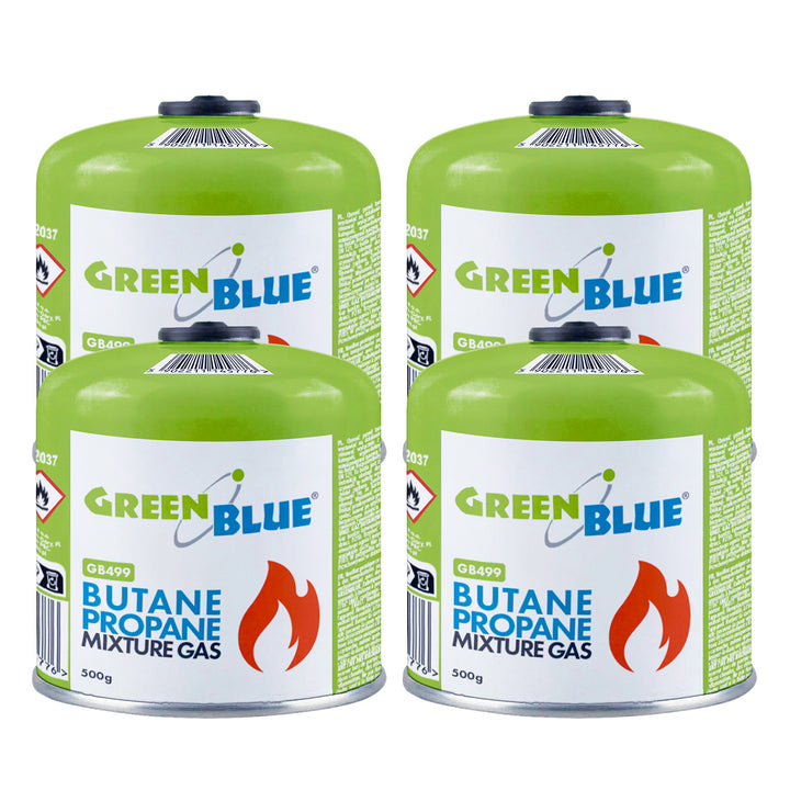 4 x 500 g GreenBlue plinske patrone. Certifikat: Pi 0437, u skladu s EN 417, butan-propane, radni temperaturni raspon –10 °C do +40 °C, navojni ventil 7/16&