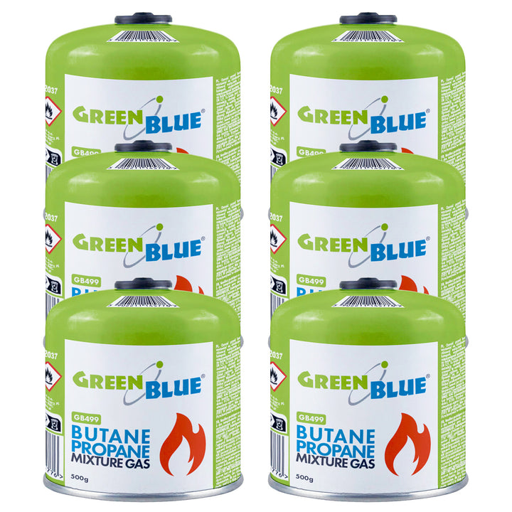 6 x 500 g GreenBlue plinskih patrona. Certifikat: Pi 0437, u skladu s EN 417, butan-propane, radni temperaturni raspon –10 °C do +40 °C, navojni ventil 7/16&