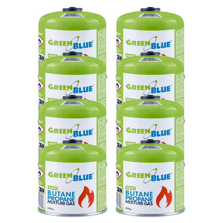 8 x 500 g GreenBlue plinskih patrona. Certifikat: Pi 0437, u skladu s EN 417, butan-propane, radni temperaturni raspon –10 °C do +40 °C, navojni ventil 7/16&