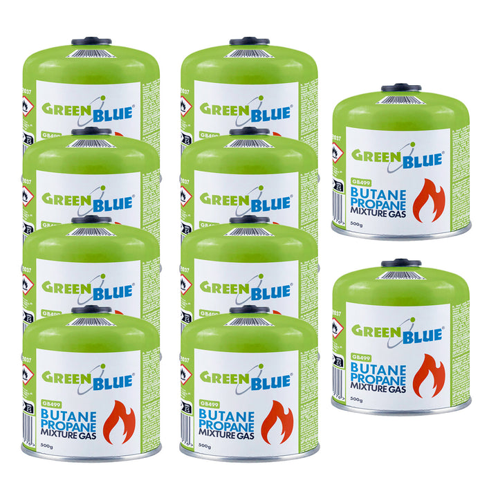 10 x 500 g GreenBlue plinskih patrona. Certifikat: Pi 0437, u skladu s EN 417, butan-propane, radni temperaturni raspon –10 °C do +40 °C, navojni ventil 7/16&