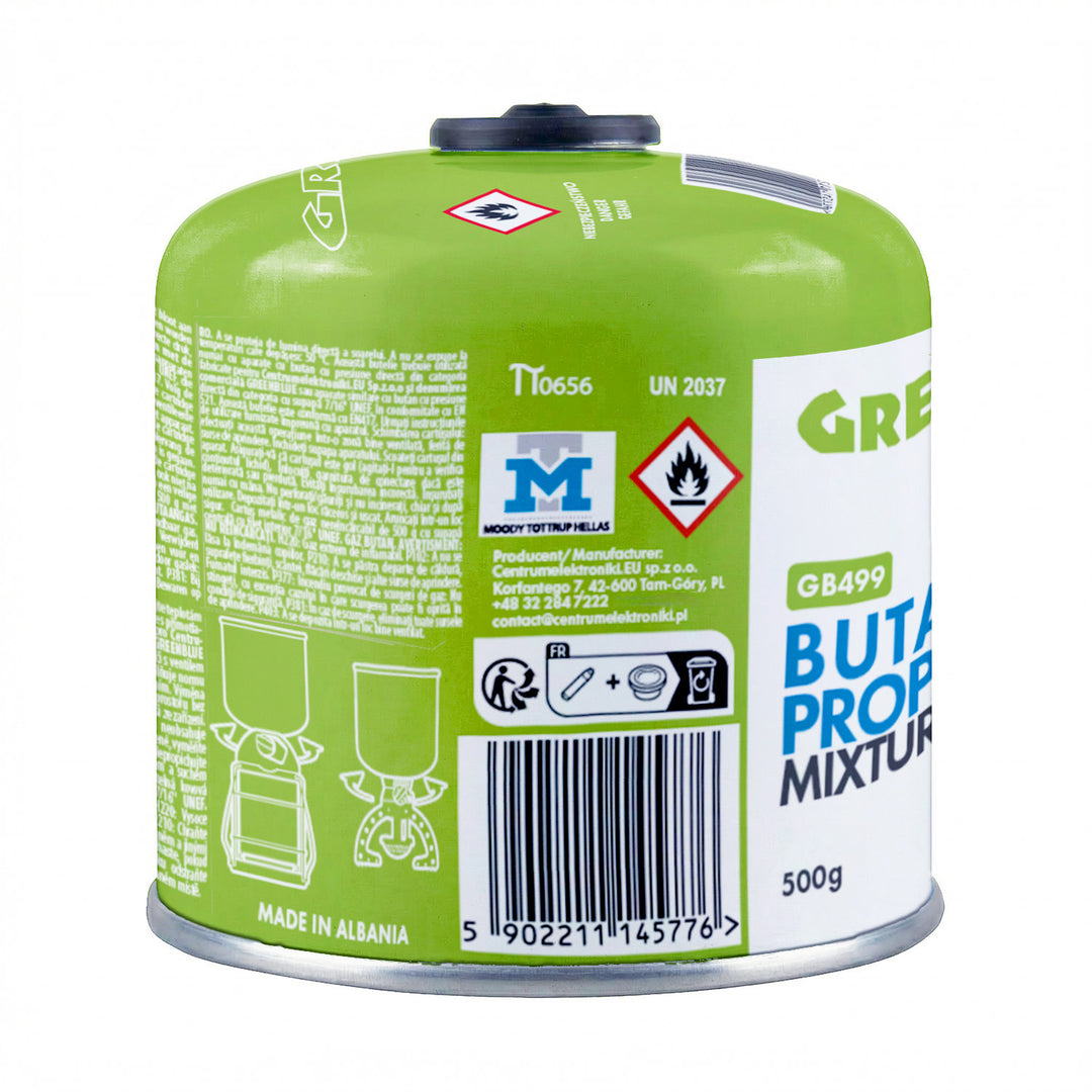 12 x 500 g GreenBlue plinskih patrona. Certifikat: Pi 0437, u skladu s EN 417, butan-propane, radni temperaturni raspon –10 °C do +40 °C, navojni ventil 7/16&