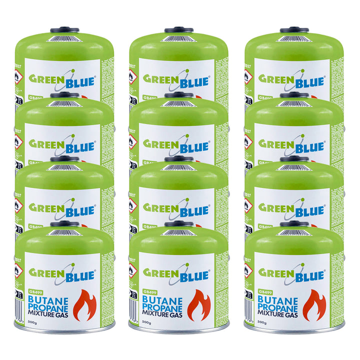 12 x 500 g GreenBlue plinskih patrona. Certifikat: Pi 0437, u skladu s EN 417, butan-propane, radni temperaturni raspon –10 °C do +40 °C, navojni ventil 7/16&